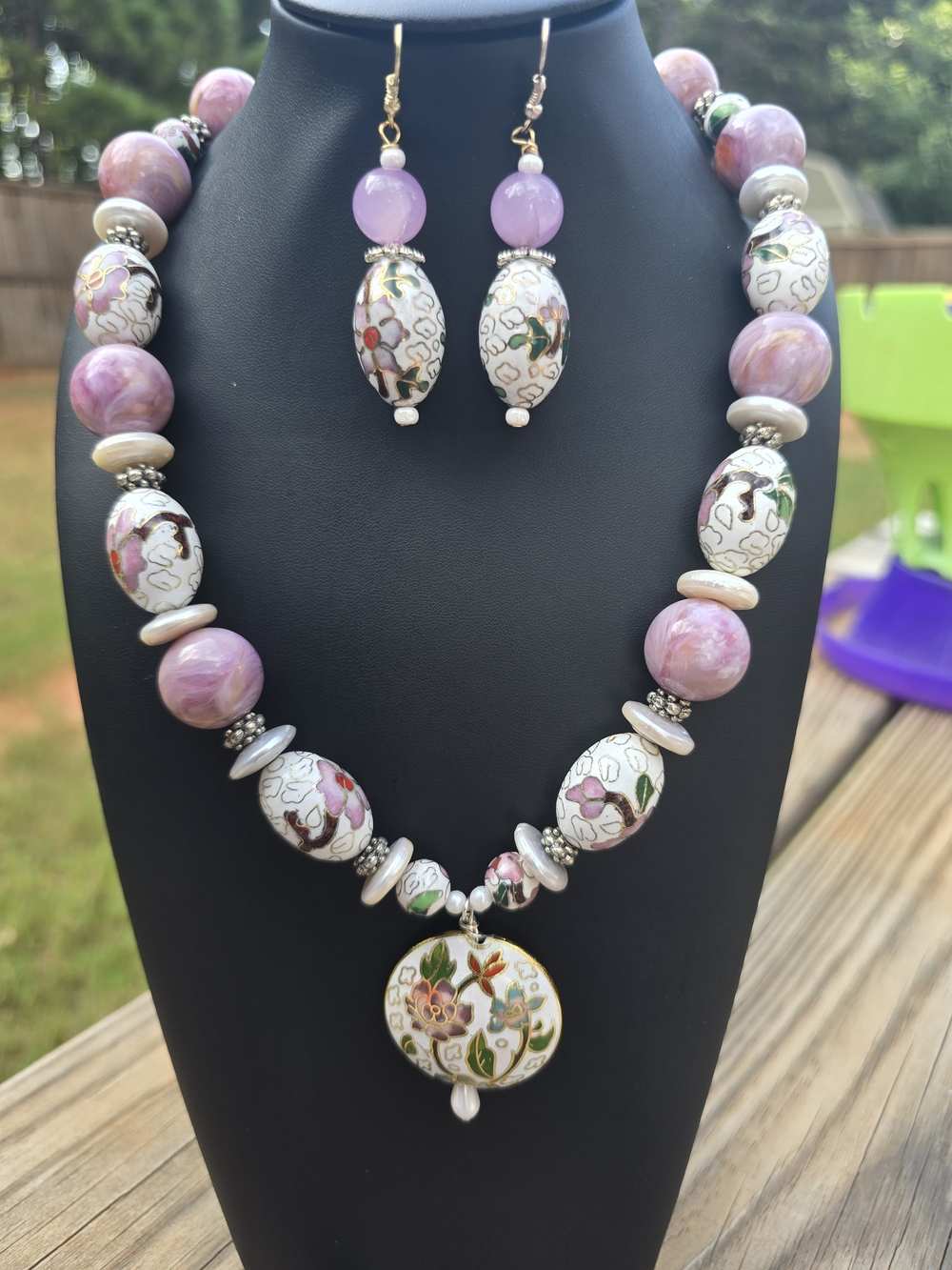 Handcrafted Pink Cloisonné Bead Necklace & Earring Set